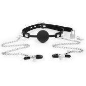 Черный кляп-шарик с зажимами на соски на металлической цепочке - Notabu - купить с доставкой в Ноябрьске