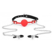 Красный кляп-шарик с зажимами на соски на металлической цепочке - Notabu - купить с доставкой в Ноябрьске