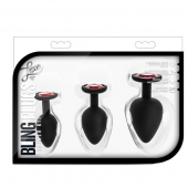 Набор черных анальных пробок с красным кристаллом-сердечком Bling Plugs Training Kit - Blush Novelties - купить с доставкой в Ноябрьске