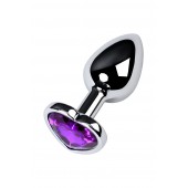 Серебристая коническая анальная пробка с фиолетовым кристаллом-сердечком - 7 см. - ToyFa - купить с доставкой в Ноябрьске