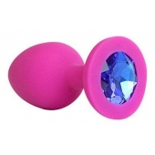 Ярко-розовая анальная пробка с синим кристаллом - 9,5 см. - 1137 - купить с доставкой в Ноябрьске