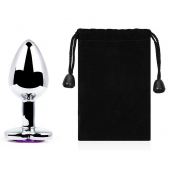 Серебристая анальная пробка с фиолетовым кристаллом-сердечком - 8 см. - Anal Jewelry Plug - купить с доставкой в Ноябрьске