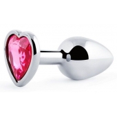 Серебристая анальная пробка с малиновым кристаллом-сердечком - 7 см. - Anal Jewelry Plug - купить с доставкой в Ноябрьске