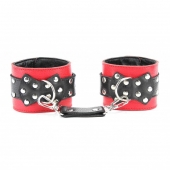 Красные наручники с чёрными проклёпанными ремешками с пряжкой - БДСМ Арсенал - купить с доставкой в Ноябрьске