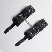 Черные кожаные наручники с красной строчкой - Crazy Handmade - купить с доставкой в Ноябрьске