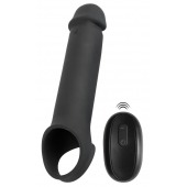 Черная вибронасадка для пениса с хомутом для мошонки и пультом ДУ Remote Controlled Penis Extension - Orion - в Ноябрьске купить с доставкой