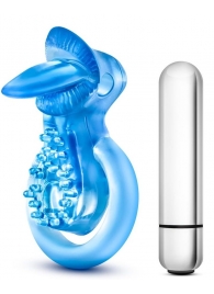 Голубое эрекционное виброкольцо 10 Function Vibrating Tongue Ring - Blush Novelties - в Ноябрьске купить с доставкой