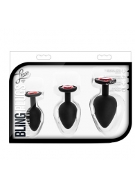 Набор черных анальных пробок с красным кристаллом-сердечком Bling Plugs Training Kit - Blush Novelties - купить с доставкой в Ноябрьске