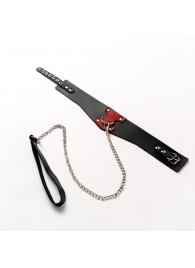 Черный широкий ошейник с красным декором и поводком - Crazy Handmade - купить с доставкой в Ноябрьске