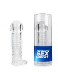 Прозрачная рельефная насадка-реалистик с петлей для мошонки - 13,5 см. - Sex Expert - в Ноябрьске купить с доставкой