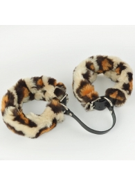 Черные кожаные оковы со съемной леопардовой опушкой - Sitabella - купить с доставкой в Ноябрьске