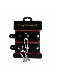 Черные наручники с красной подкладкой, строчками и скругленными ремешками - Crazy Handmade - купить с доставкой в Ноябрьске