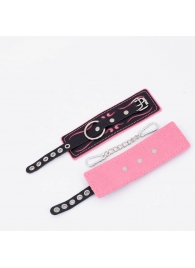 Черно-розовые кожаные наручники с розовой строчкой - Crazy Handmade - купить с доставкой в Ноябрьске