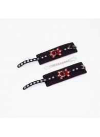 Черные кожаные наручники с красным декором и строчкой - Crazy Handmade - купить с доставкой в Ноябрьске