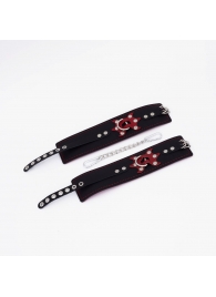 Черные кожаные оковы с красным декором и строчкой - Crazy Handmade - купить с доставкой в Ноябрьске