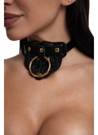 Черный фигурный кожаный ошейник с золотистой фурнитурой - Crazy Handmade - купить с доставкой в Ноябрьске