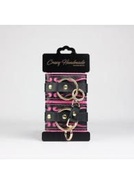 Черные кожаные наручники с розовой строчкой - Crazy Handmade - купить с доставкой в Ноябрьске