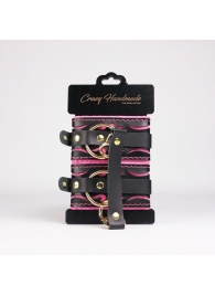 Черные кожаные оковы с розовой строчкой - Crazy Handmade - купить с доставкой в Ноябрьске