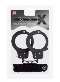 Чёрные наручники из листового металла в комплекте с веревкой BONDX METAL CUFFS LOVE ROPE SET - Dream Toys - купить с доставкой в Ноябрьске