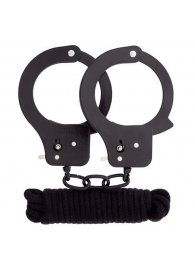 Чёрные наручники из листового металла в комплекте с веревкой BONDX METAL CUFFS LOVE ROPE SET - Dream Toys - купить с доставкой в Ноябрьске