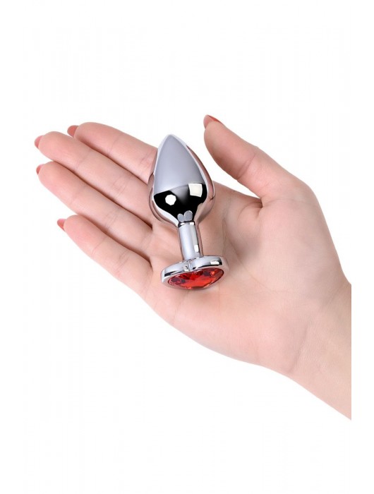 Серебристая коническая анальная пробка с красным кристаллом-сердечком - 7 см. - ToyFa - купить с доставкой в Ноябрьске