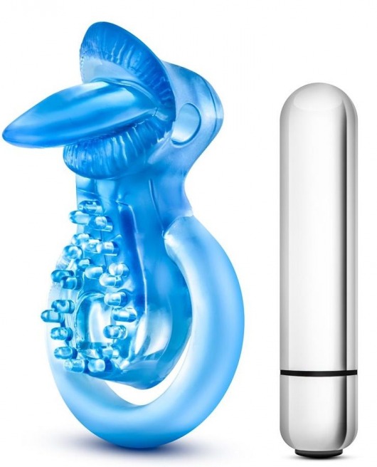 Голубое эрекционное виброкольцо 10 Function Vibrating Tongue Ring - Blush Novelties - в Ноябрьске купить с доставкой