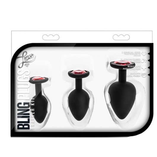 Набор черных анальных пробок с красным кристаллом-сердечком Bling Plugs Training Kit - Blush Novelties - купить с доставкой в Ноябрьске
