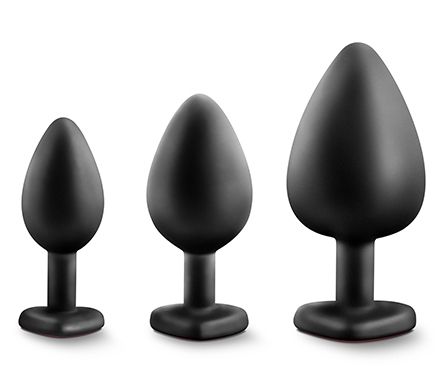 Набор черных анальных пробок с красным кристаллом-сердечком Bling Plugs Training Kit - Blush Novelties - купить с доставкой в Ноябрьске