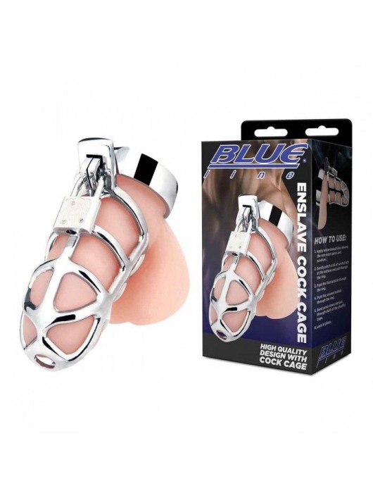 Серебристая металлическая клетка для члена с замком Enslave Cock Cage - BlueLine - купить с доставкой в Ноябрьске