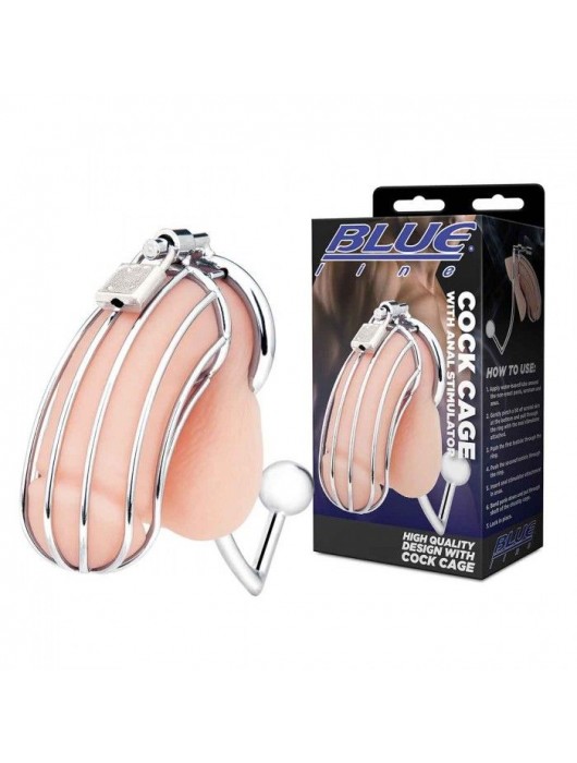 Серебристая металлическая клетка с анальным стимулятором Cock Cage - BlueLine - купить с доставкой в Ноябрьске