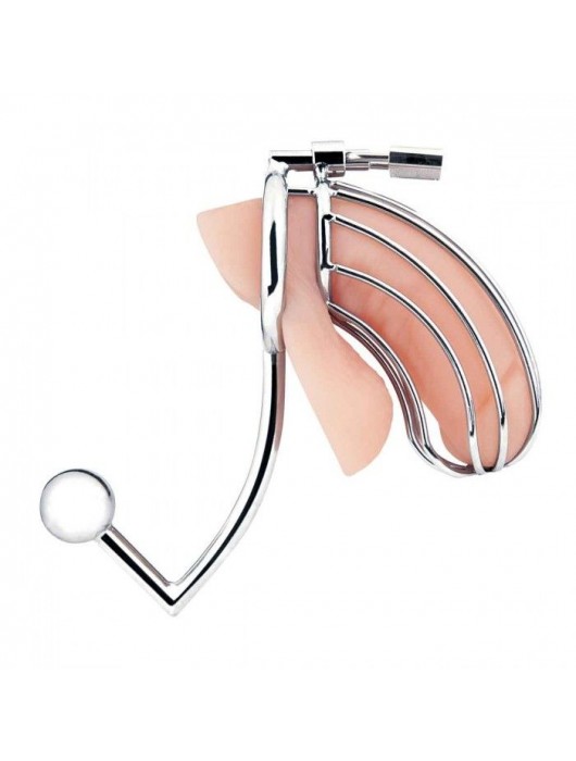 Серебристая металлическая клетка с анальным стимулятором Cock Cage - BlueLine - купить с доставкой в Ноябрьске