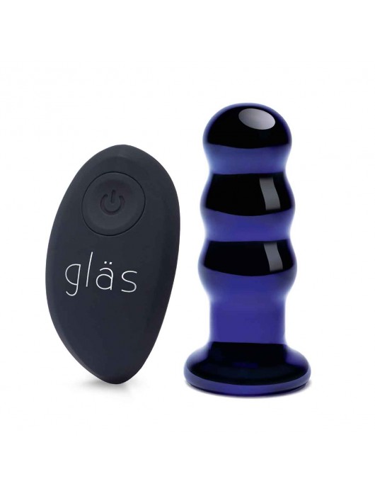 Синий стеклянный анальный стимулятор на дистанционном управлении Beaded Buttplug - Glas