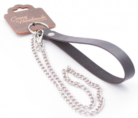 Серебристый металлический поводок с кожаной черной ручкой - 80 см. - Crazy Handmade - купить с доставкой в Ноябрьске