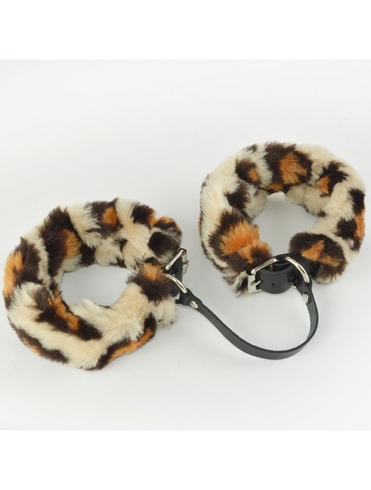 Черные кожаные оковы со съемной леопардовой опушкой - Sitabella - купить с доставкой в Ноябрьске