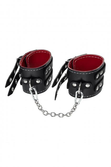 Черные кожаные оковы с двумя ремнями и красной подкладкой - Pecado - купить с доставкой в Ноябрьске