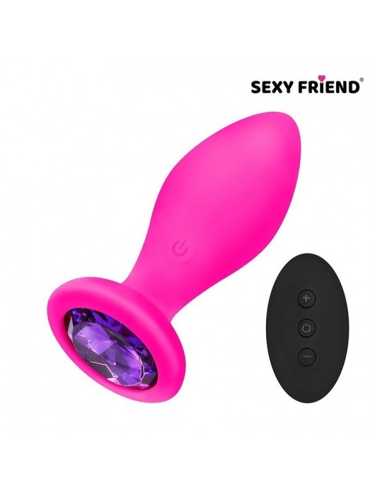 Розовая вибровтулка с фиолетовым кристаллом и пультом ДУ - 9 см. - 1137