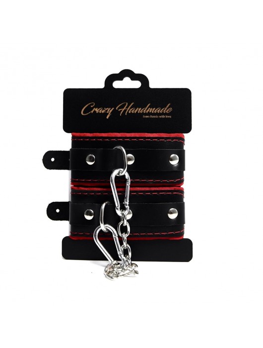 Черные наручники с красной подкладкой, строчками и скругленными ремешками - Crazy Handmade - купить с доставкой в Ноябрьске