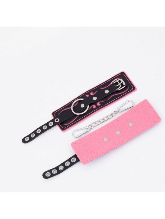Черно-розовые кожаные наручники с розовой строчкой - Crazy Handmade - купить с доставкой в Ноябрьске