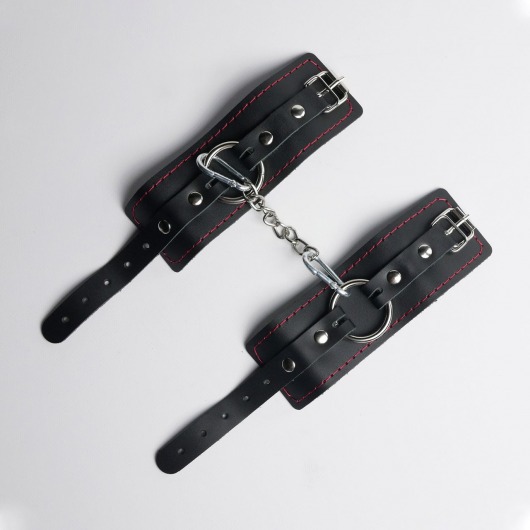 Черные кожаные наручники с красной строчкой - Crazy Handmade - купить с доставкой в Ноябрьске