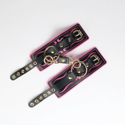 Черные кожаные наручники с розовой строчкой - Crazy Handmade - купить с доставкой в Ноябрьске