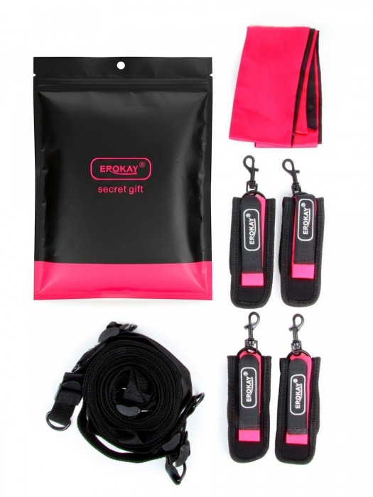 Черно-розовый эротический набор: фиксатор, оковы, наручники, повязка - Erokay - купить с доставкой в Ноябрьске