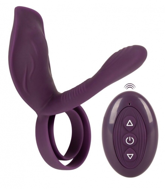 Фиолетовая насадка на член с клиторальным отростком и пультом ДУ RC Couple’s Vibrator 2 - Orion - в Ноябрьске купить с доставкой