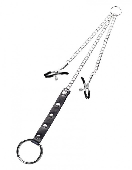 Серебристо-чёрные зажимы для сосков с кольцом для пениса TOYFA Metal - ToyFa - купить с доставкой в Ноябрьске